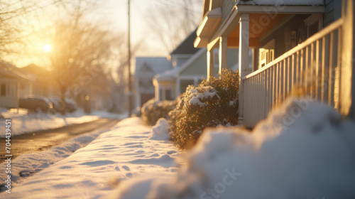 A tranquil suburban neighborhood is bathed in the golden light of a winter sunset, with snow blanketing the quiet streets. photo