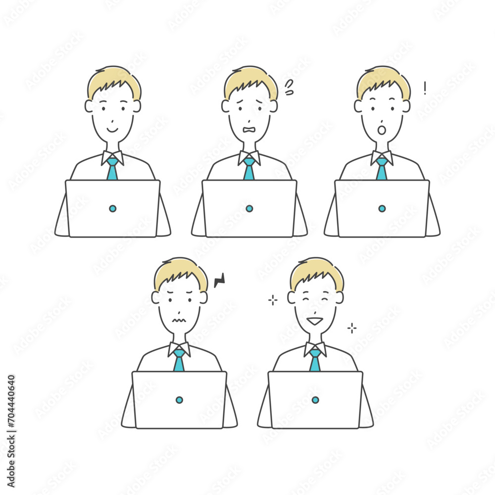 PCで作業をする様々な表情の男性社員