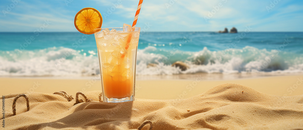 Obraz premium drink on sandy beach-Exotic summer drink in sand, blur beach on background