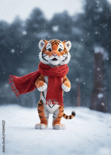 simpatico tigrotto in una nevosa giornata invrnale che indossa una grande sciarpa in lana rossa photo