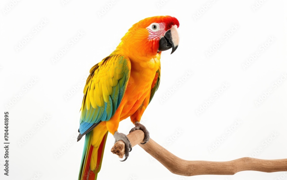 Sun conure parrot standing on a branch on a white background