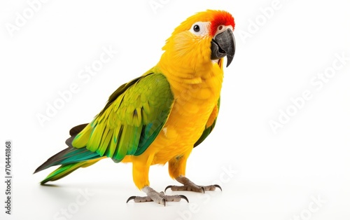 Parrot stands against isolateda on white background.