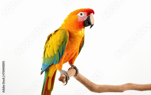 Sun conure parrot standing on a branch on a white background