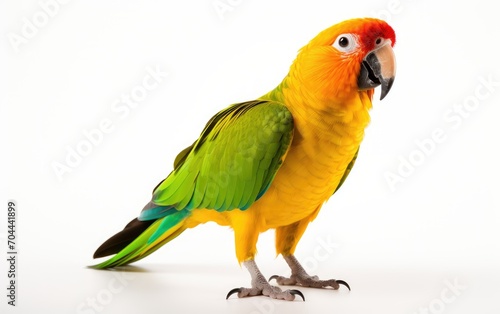 Parrot stands alone on a white background.