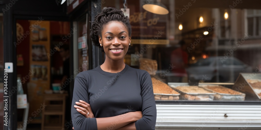 Naklejka premium Portrait of a smiling young African-American woman standing in front of her bakery