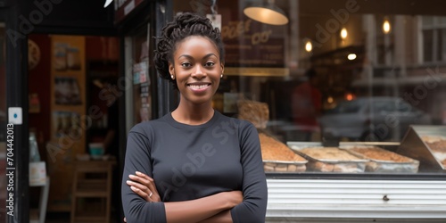 Portrait of a smiling young African-American woman standing in front of her bakery photo
