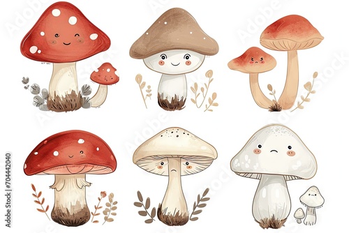 Very childish watercolor vintage cartoon cute and charming kawaii red and white mushroom clipart vector, organic forms with desaturated light and airy pastel color palette. Great as nursery art.