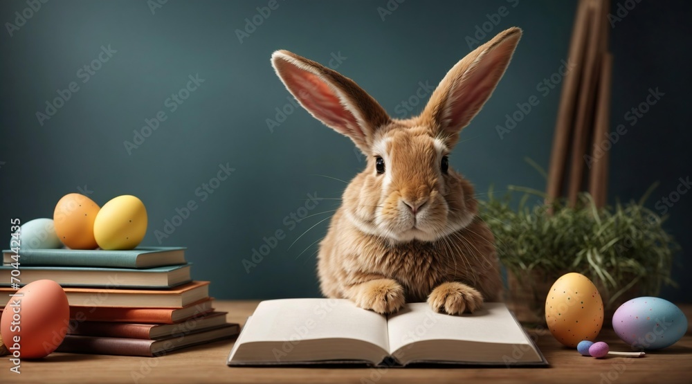 An easter rabbit between easter eggs studying in a book. Easter Concept for Online Study, tutoring or Learning programs. Generative AI.