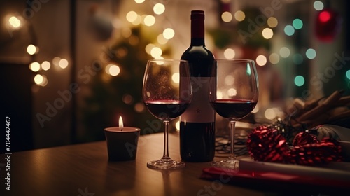 Glasses and bottles of red wine on the table for Valentine's Day, home decoration