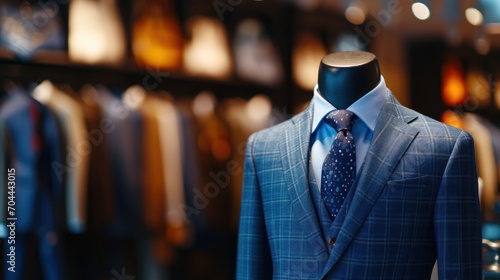 Elegant Tapestry of Style, An Enthralling Ensemble of a Suit and Tie Adorning a Captivating Store Display