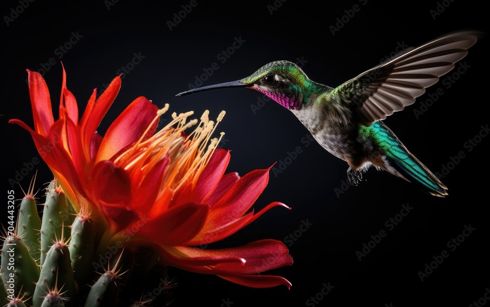 Fototapeta premium Hummingbird hovers and feeds on a wormwood flower, close-up