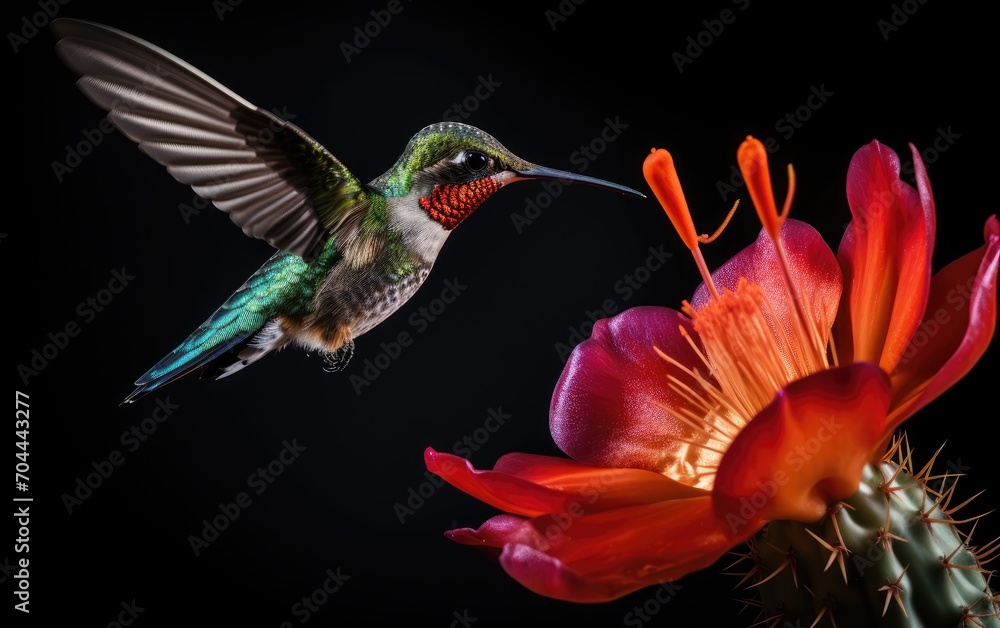 Obraz premium Hummingbird hovers and feeds on a wormwood flower, close-up