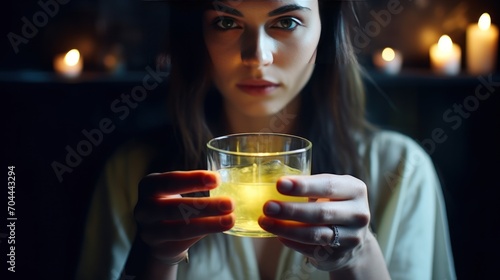 woman drinking hot medicine The powder is soluble in a glass of water. To relieve headaches and colds