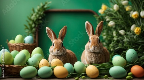 A green easter announcement or advertising banner with an easter rabbit, easter eggs and spring flowers. Generative AI. © 3DStock
