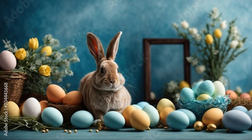 A blue easter announcement or advertising banner with an easter rabbit, easter eggs and spring flowers. Generative AI. © 3DStock