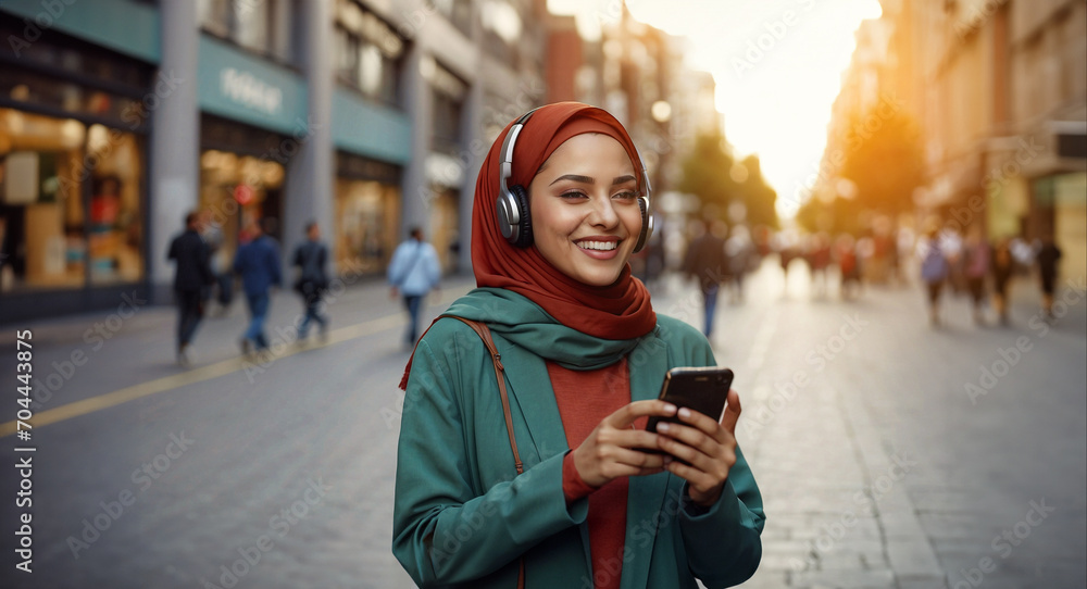 Joyful young muslim woman in hijab listening to music through headphones connected to cell phone while walking around the city center. - obrazy, fototapety, plakaty 