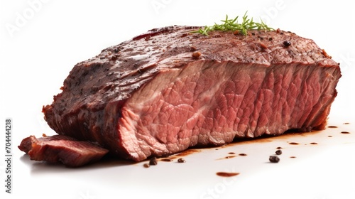 A tender beef brisket piece showcased in a close-up realistic photo against a white background Generative AI