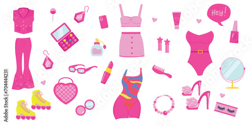 Barbiecore set. Pink trendy set, pink doll aesthetic accessories and clothing. Vector illustration