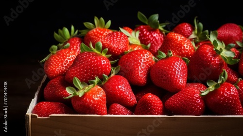 Box filled with ripe, plump strawberries, close-up realistic photo Generative AI