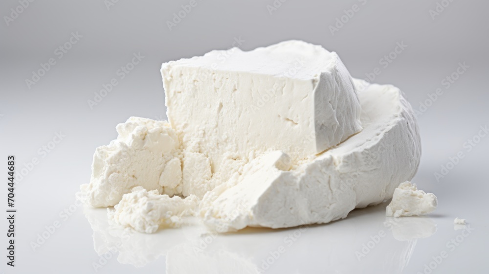 Close-up realistic photo of a crumbly feta cheese against a white background Generative AI