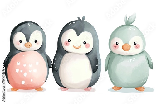 Very childish watercolor vintage cartoon cute and charming kawaii penguin clipart vector, organic forms with desaturated light and airy pastel color palette. Great as nursery art.