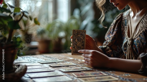 Young woman lays out tarot cards on the table, fortune telling, predicting the future photo
