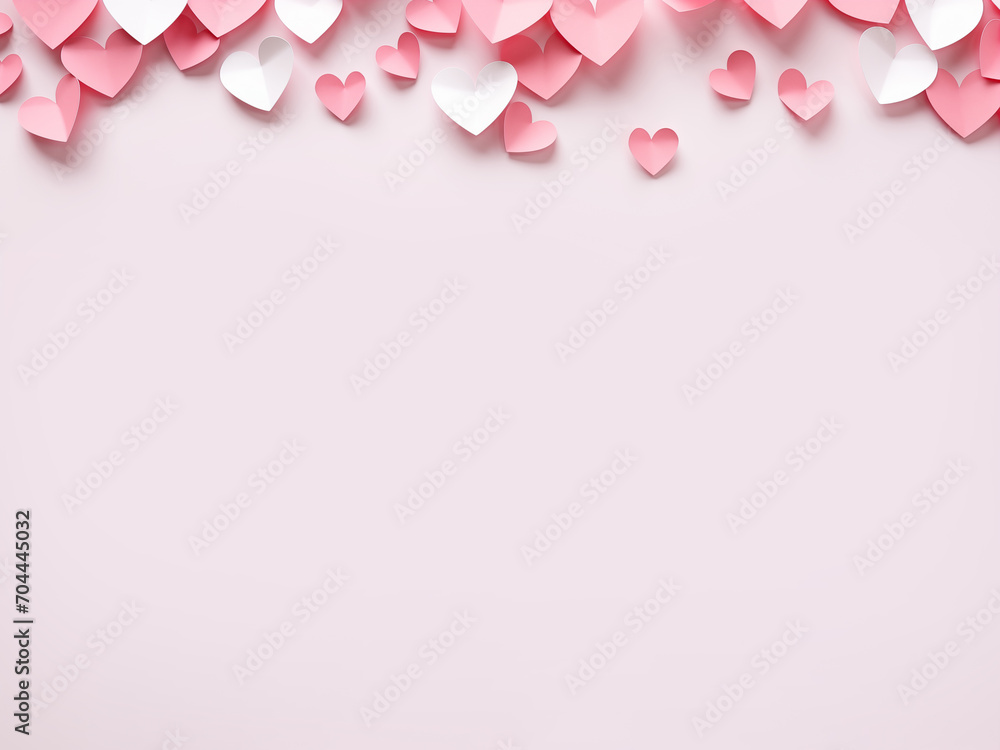 Simple white frame with copy space in paper cut hearts decorations, minimalistic style pinky background in pastel colors. Border for design card and banner.