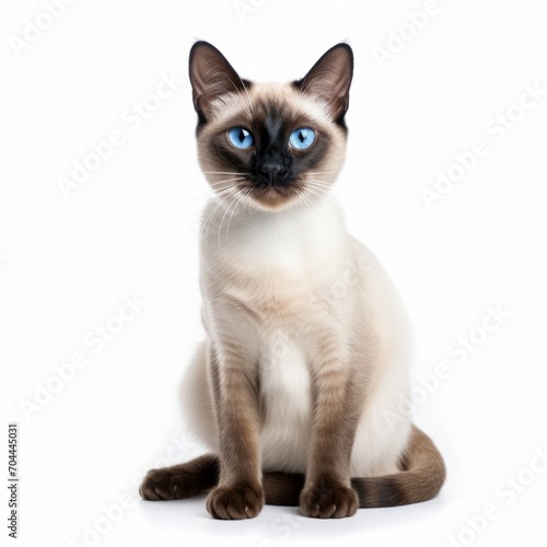 Delighted Siamese Cat sitting on a white background, bright eyes, content and relaxed Generative AI © vadosloginov