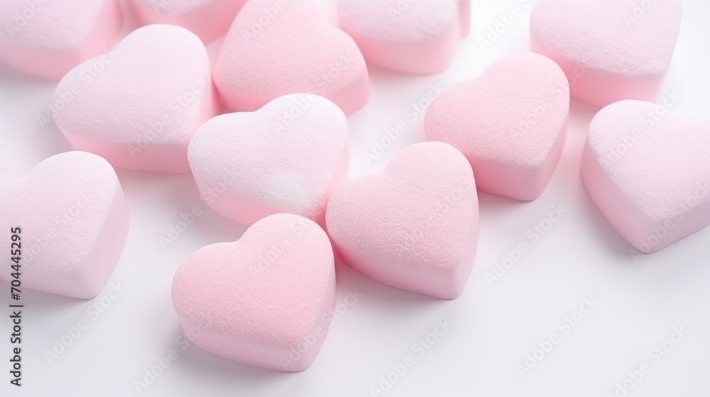 Marshmallows in pastel pink, heart-shaped, arranged on a white background, soft lighting, sweet and romantic ambiance Generative AI Marshmallows in pastel pink, heart-shaped, arranged on a white background, soft lighting, sweet and romantic ambiance Generative AI