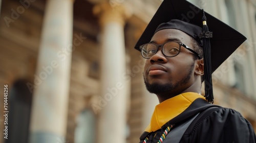 The Ascension of Knowledge, A Man Emerges, Adorned in Graduation Cap and Gown, Ready to Conquer the World.