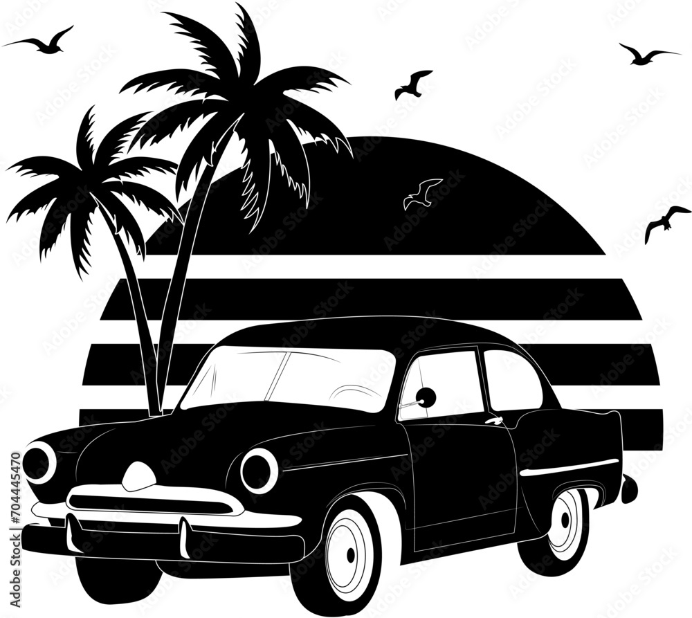 Retro car on the summer beach. Silhouette palm trees and sunset. Design of greeting cards, posters, patches, prints on clothes, emblems, tattoos. Flying seagulls. Sun on the beach.