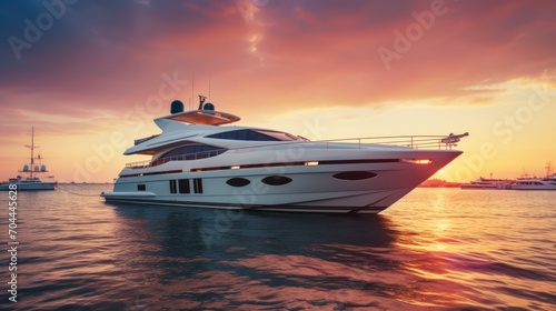 Realistic photo of an upscale yacht in the evening light, affluent vacationers basking in the sunset glow, elegant decor, and luxurious surroundings --ar 16:9 --style raw Generative AI © vadosloginov