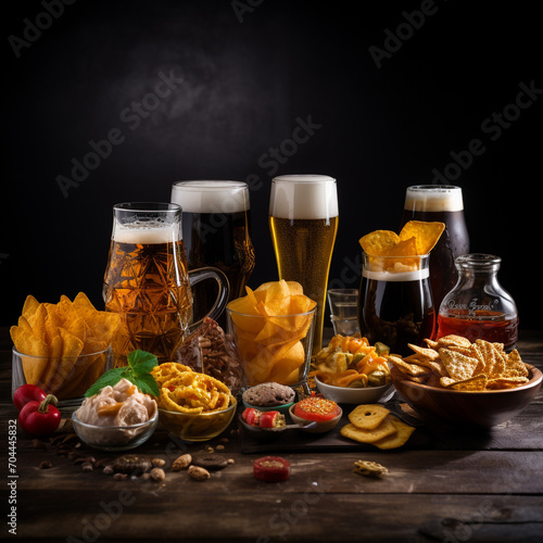 Beer in glasses and a variety of snacks On black