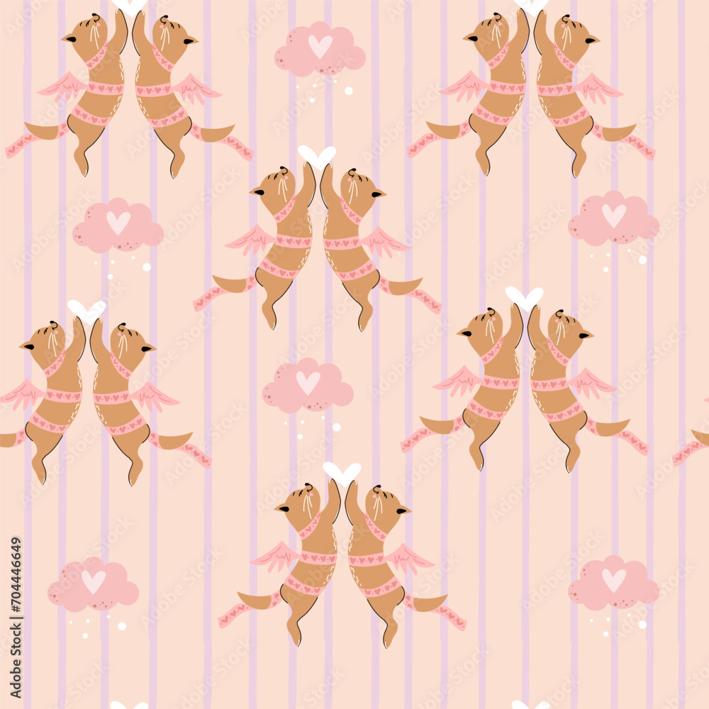 Cute valentines cats, clouds and hearts seamless pattern on a pink background. Valentine's Day concept. Vector illustration for kids