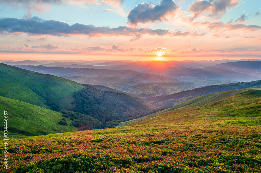 Amazing sunrise in the mountains. Ukrainian Carpathians, Borzhava ridge - obrazy, fototapety, plakaty 