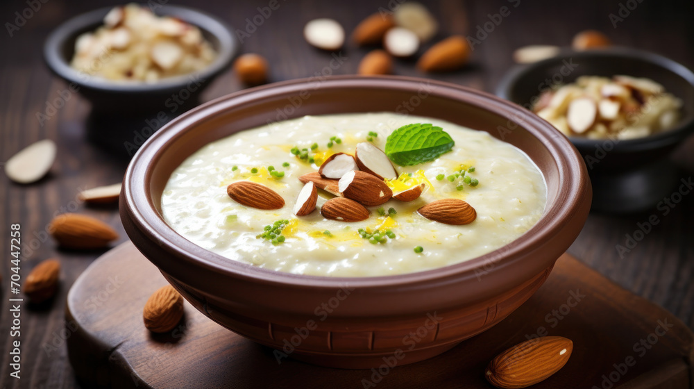 Traditional english breakfast. Woman holds bowl of cereal oatmeal or porridge with milk, raisins and nuts. Close up shot. Soft focus.