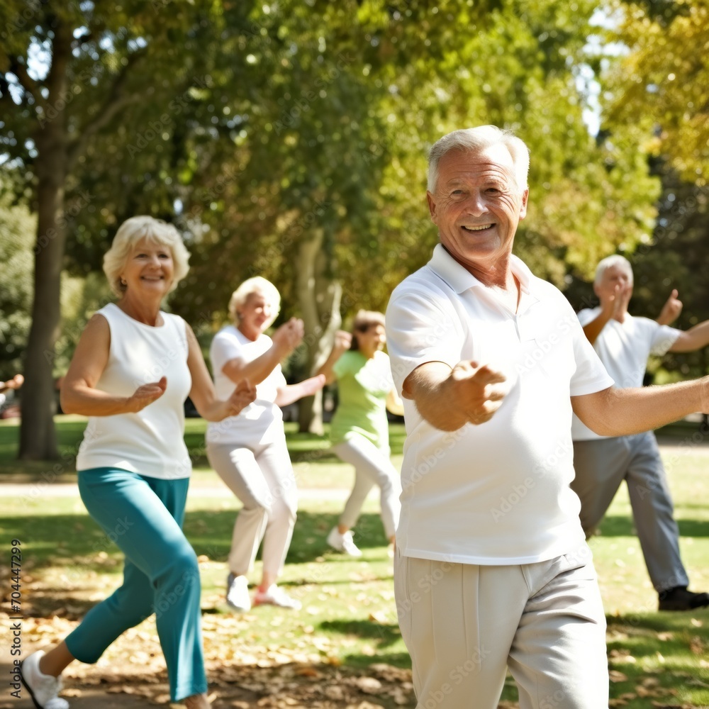 Fototapeta premium Stock image of a senior group exercising outdoors in a park, staying fit and active Generative AI