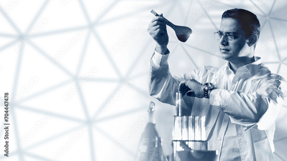 Man chemist. Laboratory assistant with flask in hands. Doctor with test tube looks at watch. Man chemist in white coat. Doctor conducts medical experiment. Scientific research in chemistry Man chemist. Laboratory assistant with flask in hands. Doctor with test tube looks at watch. Man chemist in white coat. Doctor conducts medical experiment. Scientific research in chemistry