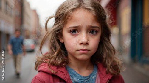 Portrait of a cute sad little girl on the street