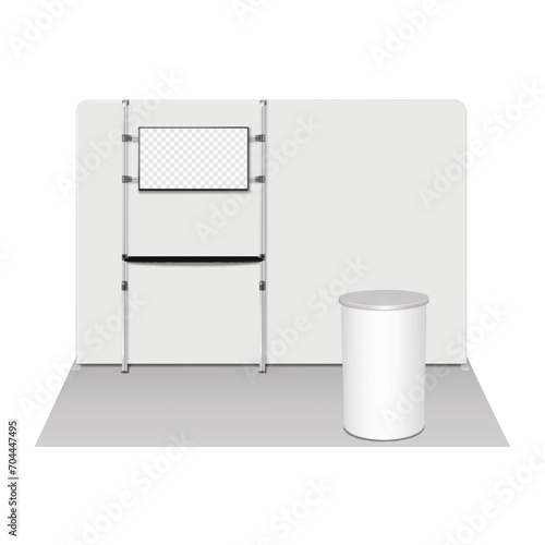 Trade show portable booth display kit vector mock-up. Expo set. Tradeshow tension fabric backdrop banner, TV stand with shelf, round exhibition table counter mockup