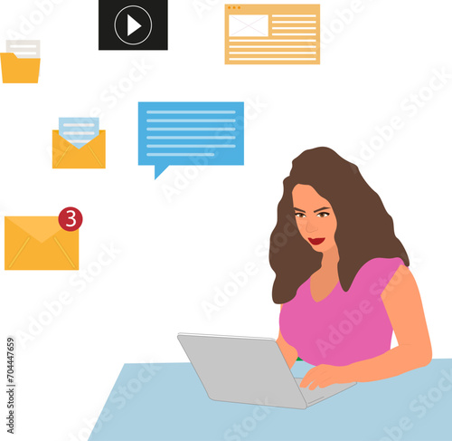 Business woman entrepreneur working with laptop at table. Girl at work. Software developer, programmer or system administrator with a PC. Correspondence and work with mail.