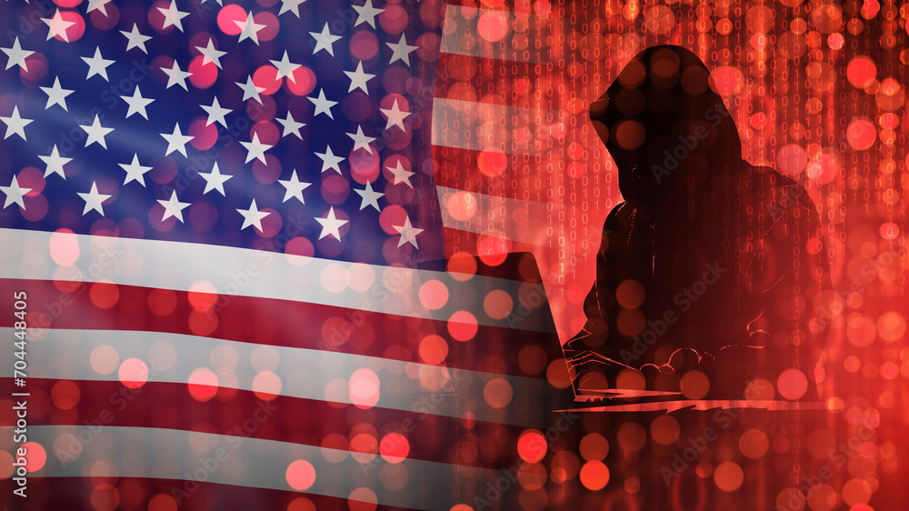American hacker. US flag near cyber criminal. Hacker in hood near laptop. Silhouette American cyber criminal. Hacker breaks into US government website. Creates computer viruses against US. 3d image - obrazy, fototapety, plakaty 