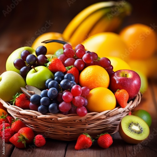 Stock image of colorful assorted fruits arranged in a basket, fresh and vibrant Generative AI