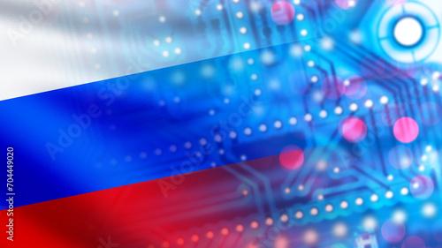 Digital board with Russia flag. PCB made in Russian federation. Microprocessor close-up. Digital board for computer. Manufacturing semiconductors in Russia. Microelectronics industry. 3d image photo