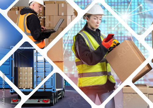Logistics company employees. Specialists in cargo transportation. Man and woman work in distribution center. Truck with boxes. People from logistics business. Fulfillment employees in yellow vests