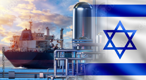 Oil tanker with flag Israel. Pipes for LNG import. Seaport for unloading liquefied gas. Import petroleum products to Israel. Energy supplies by sea. Gas export to Tel Aviv. Ship from Israel