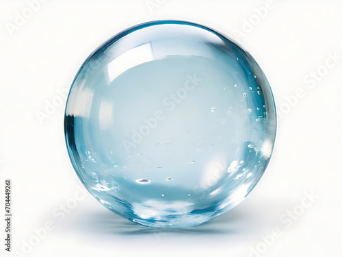 Transparent water droplets opaque glass sphere with glares and shadow on white.