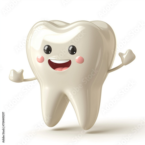 Icon of a human molar tooth with smiling face, arms and legs, white background. Dental hygiene, dentist
