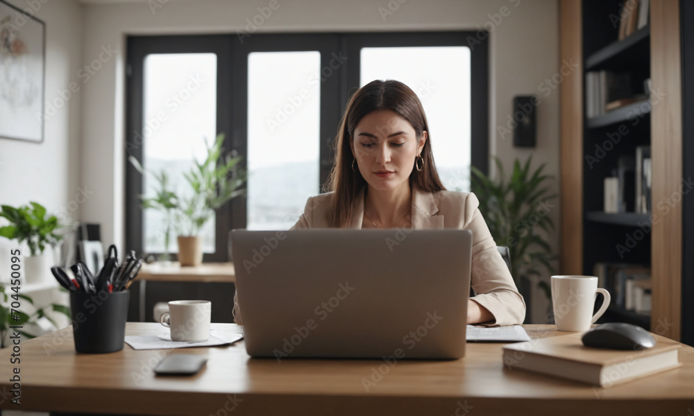 Focused professional working from home office, online work from home, online business, created with Generative AI Focused professional working from home office, online work from home, online business, created with Generative AI