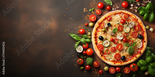 flat lay with pizza. delicious pizza with vegetables and sausage, top view, with space for text